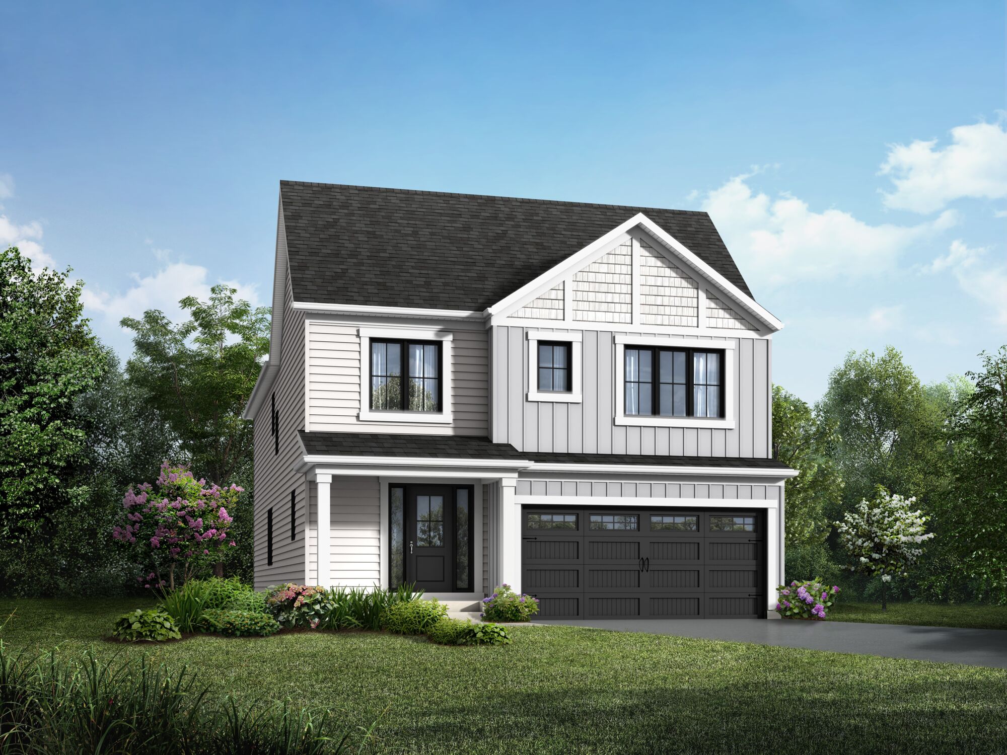 Elevation Front with garage, door, window and exterior clapboard