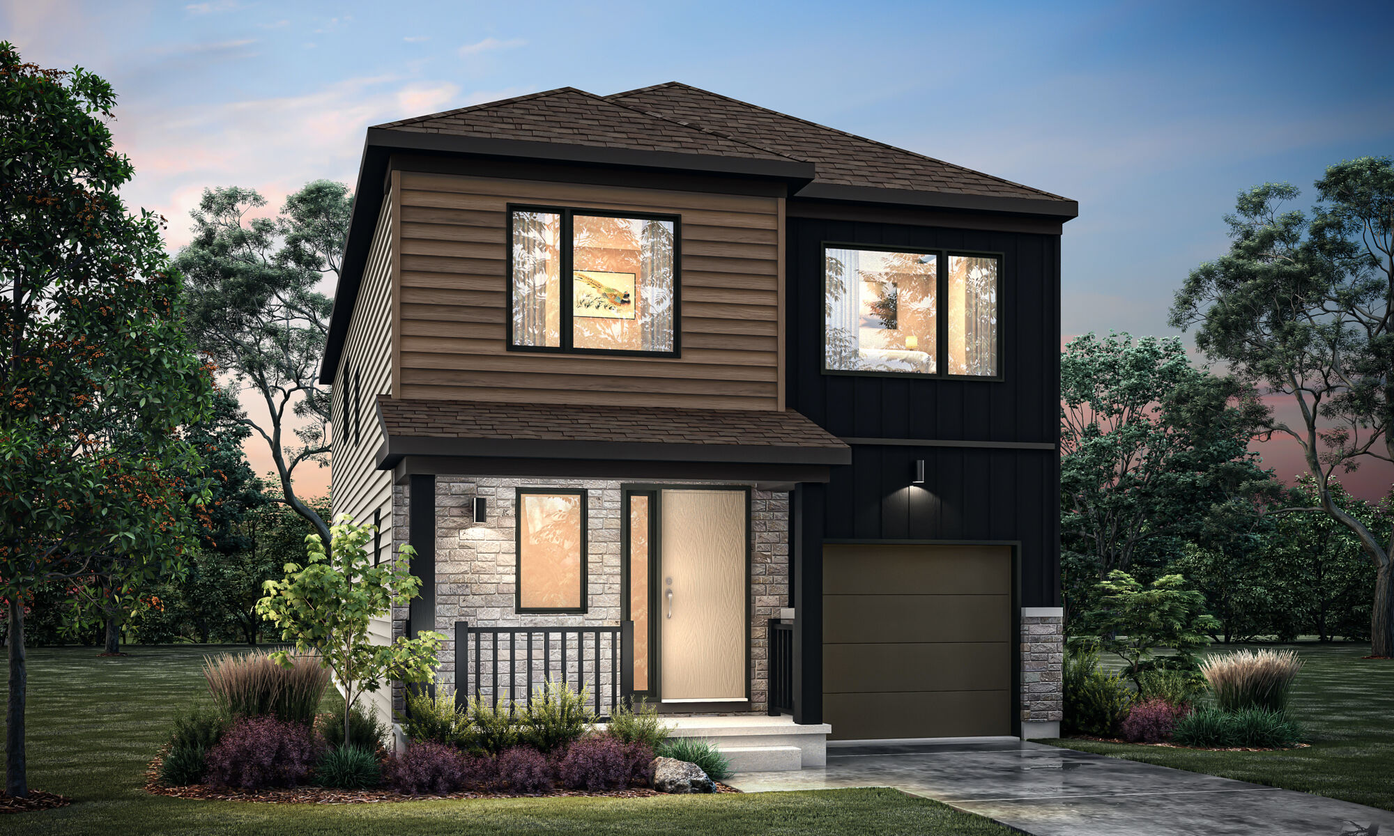  Elevation Front with garage, window, exterior stone and exterior brick