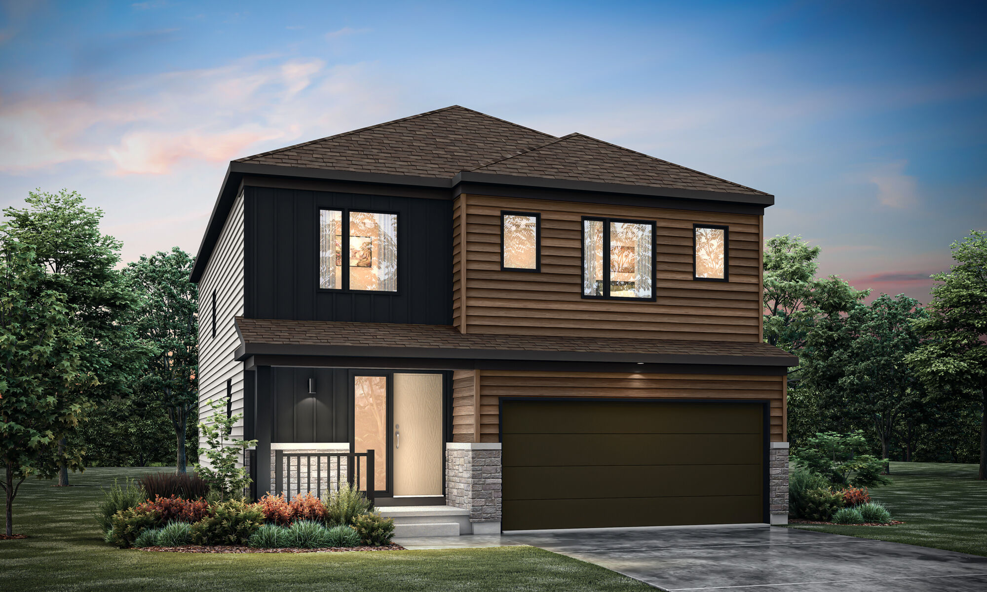  Elevation Front with window, garage, exterior stone and exterior clapboard