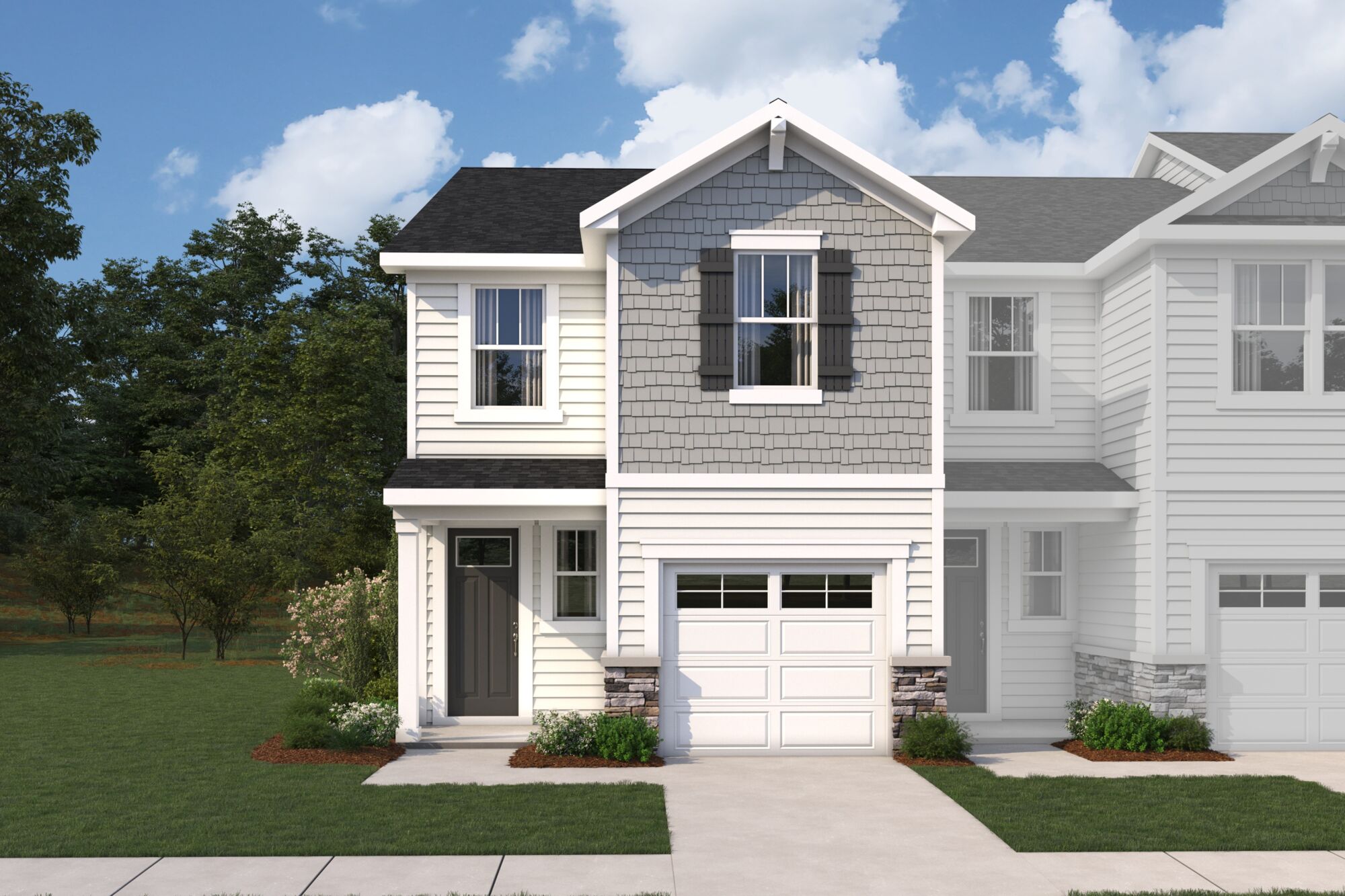  Elevation Front with garage, window, door and exterior clapboard