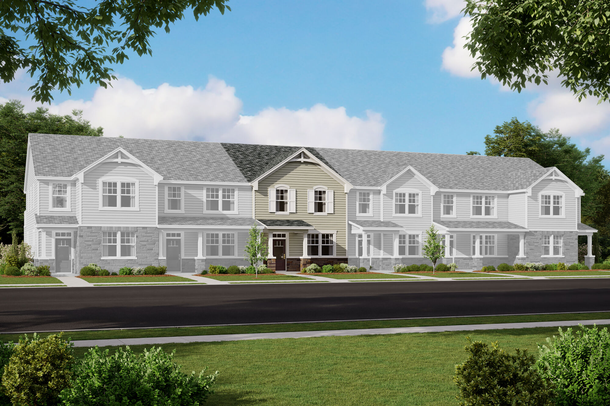  Town Homes with window, garage, door and exterior clapboard