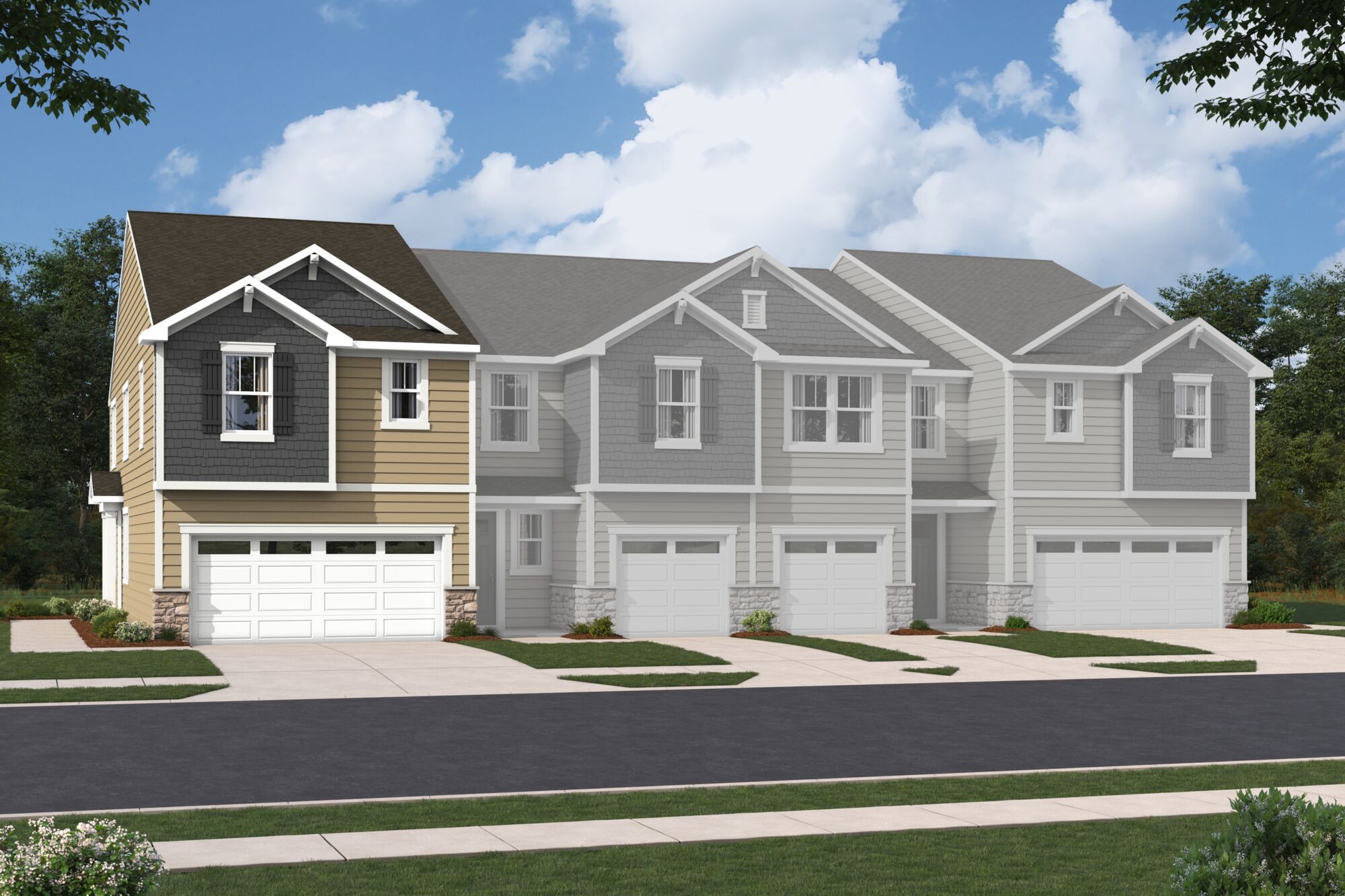  Town Homes with window, garage and exterior clapboard