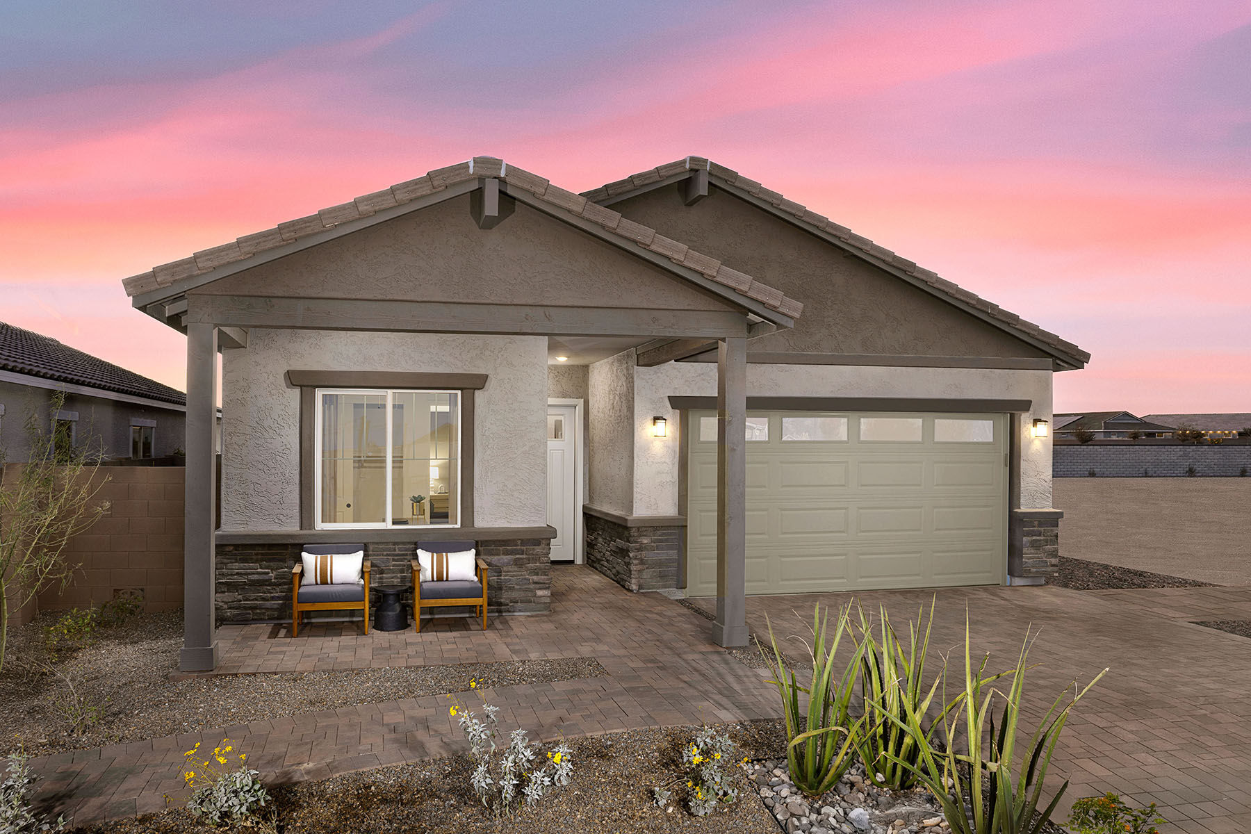 Elevation Front with garage, window, door and stone flooring