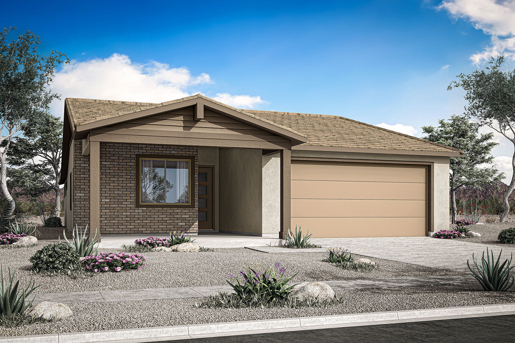  Elevation Front with garage, window, door and exterior brick